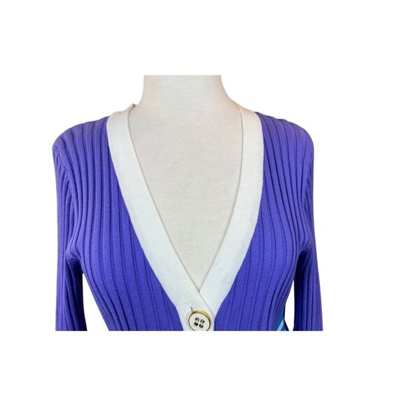 Cable & Gauge Long Sleeve Purple Ribbed Knit V-Neck White Tipped Cardigan LG NWT - Picture 2 of 8